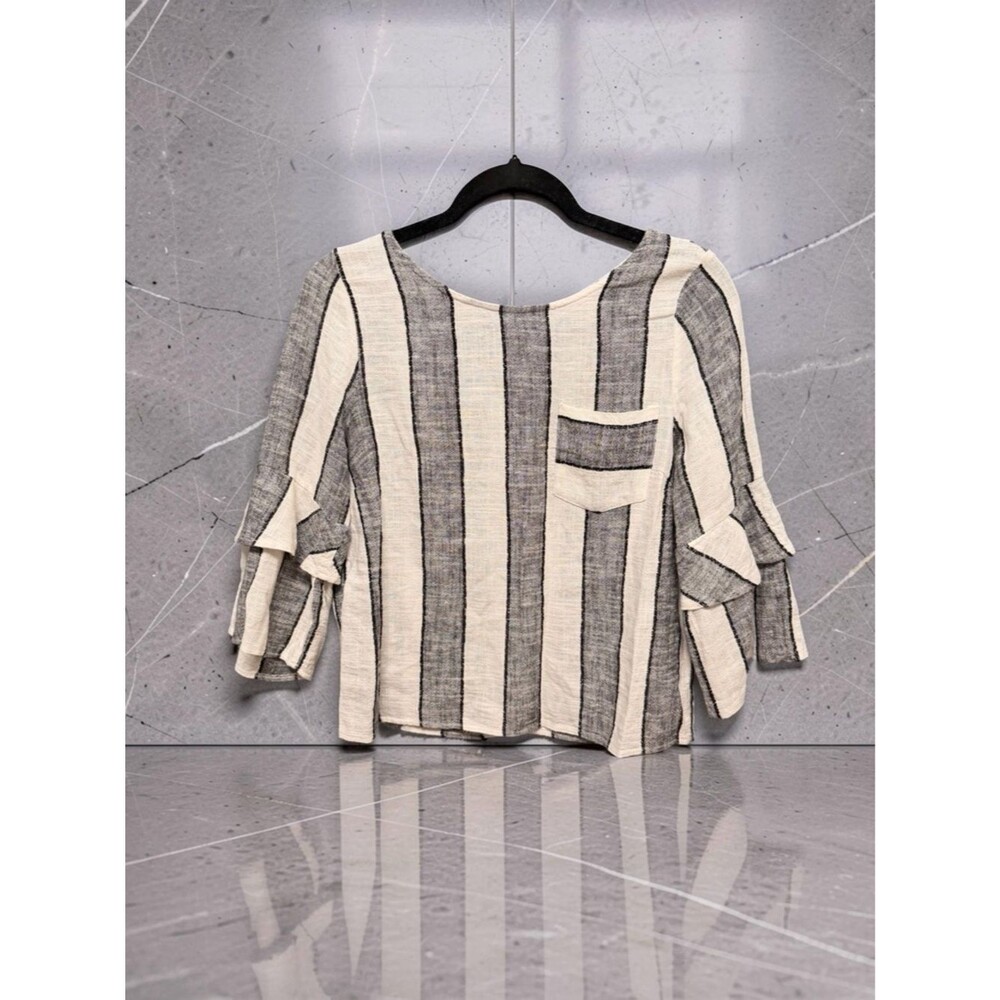Urban Romantics Linen Stripe Ruffle Sleeve Crop Top Cream Black Size M